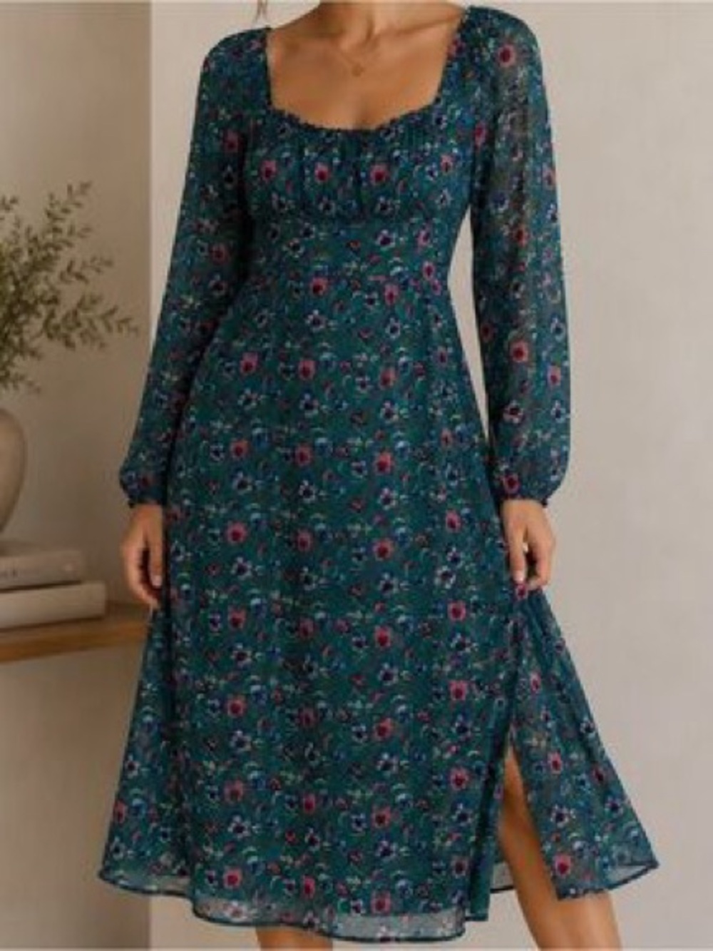 Floral Square-Neck Long Sleeve Midi Dress - Teal